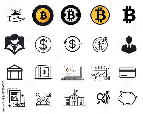 Finance and cryptocurrency icons including bitcoin, banking, and investment symbols