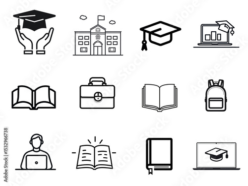 Education icons collection including graduation, books, and learning tools