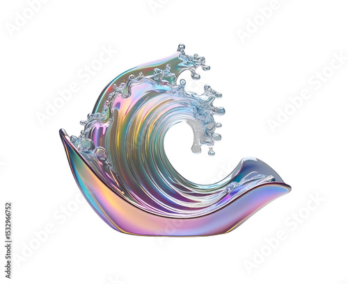 Iridescent 3D abstract object in the shape of a wave with a glass-like gradient and fluid organic form. Rendered on a white background—perfect for modern design, branding, tech visuals, UI elements, o