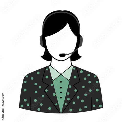 Image shows a faceless female call center agent wearing a headset and polkadot blazer