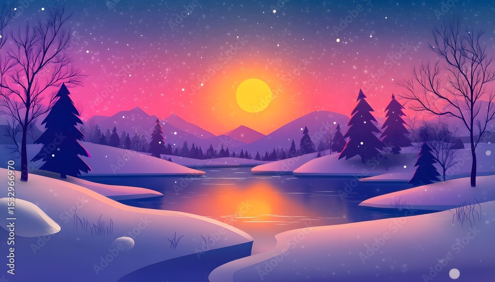 Fototapeta premium Winter landscape with a serene lake at sunset.