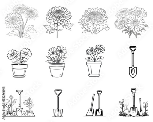 Hand-drawn floral and gardening illustrations featuring flowers and gardening tools
