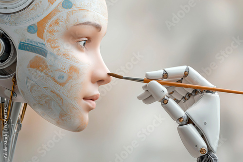 Robot hand painting intricate patterns on a humanoid robot face, blending technology with artistic creativity in a futuristic concept