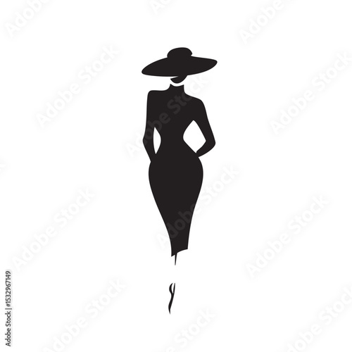 Elegant silhouette of a woman in a stylish dress with a hat design vector illustration