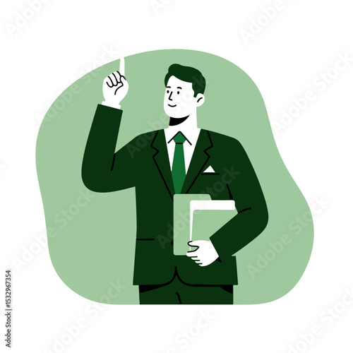 Illustration of a man in a suit pointing upwards with a folder against a green background