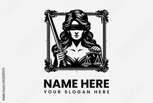 Black silhouette vector logo of Lady Justice holding scales and wearing blindfold for law and justice concept  