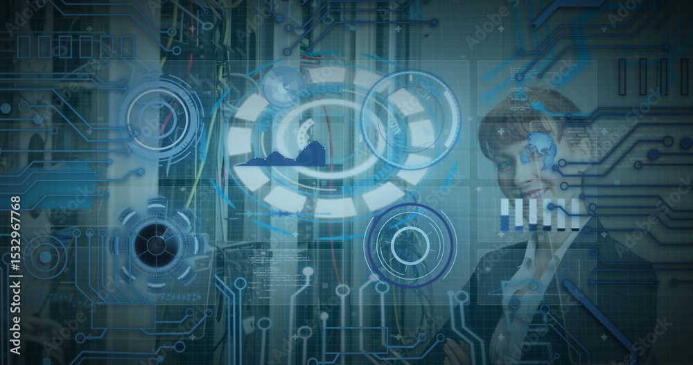 Image of 5g text banner and round scanners over caucasian female engineer at server room Image of 5g text banner and round scanners over caucasian female engineer at server room
