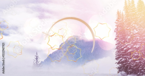 Displaying snowy pines, mountain peak rising in winter valley fog with golden stars, pastel flares © vectorfusionart