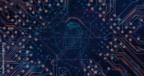 Displaying padlock icon within shield amid digital circuit traces, nodal points and abstract matrix