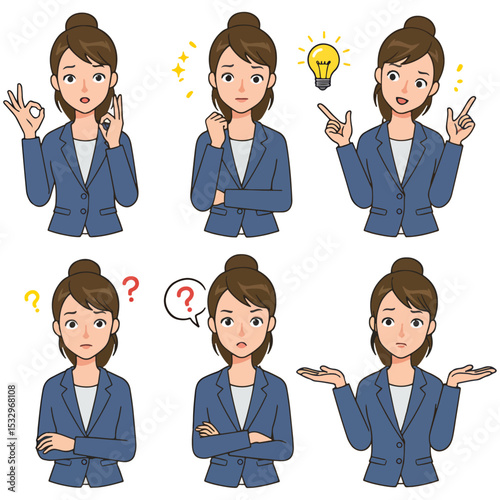 Cartoon woman in six poses wearing a blue jacket against a white background