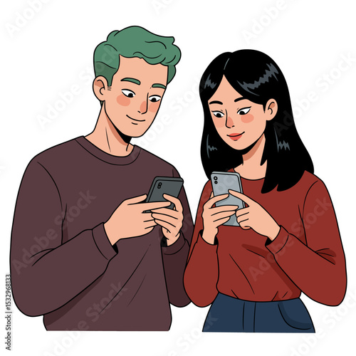 A man with green hair  a woman with black hair are using mobile phones
