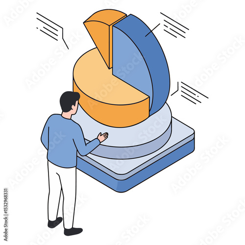 A man gestures towards a large pie chart on a multilayered platform