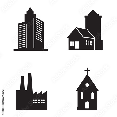 Vector silhouettes of buildings and structures including skyscrapers church and factory in black and white