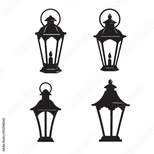 Vintage lantern silhouette illustrations vector set in black and white