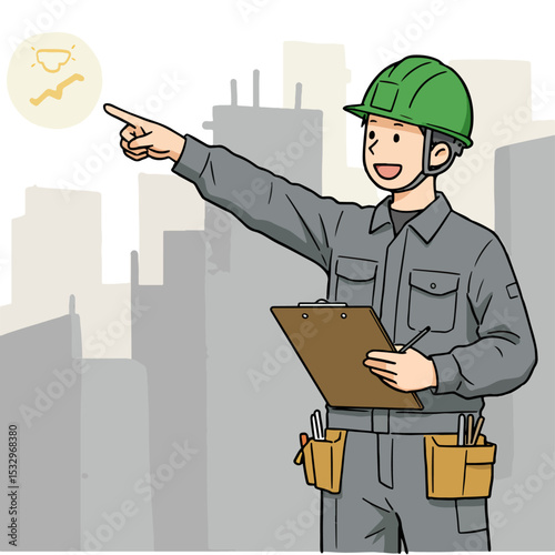 Construction worker in a green helmet pointing with a clipboard against a cityscape backdrop