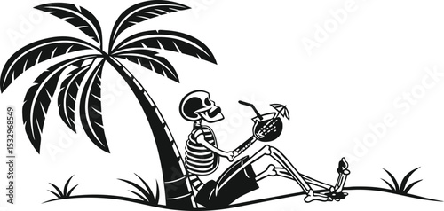 A solitary surfer with a surfboard, silhouetted against the tropical sunset, heads towards the ocean on a palm-fringed beach