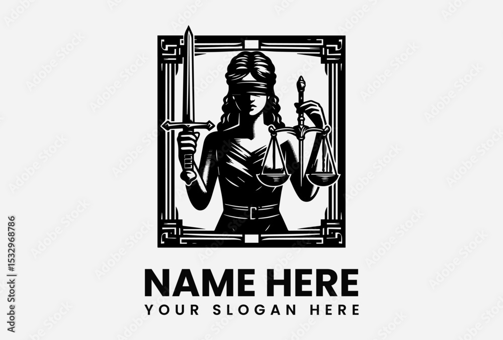 Obraz premium Black silhouette vector logo of Lady Justice holding scales and wearing blindfold for law and justice concept