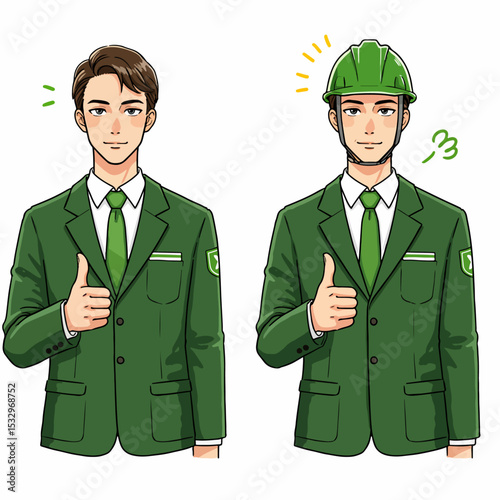 Two men wearing green suits giving thumbs up gestures one wearing a safety helmet