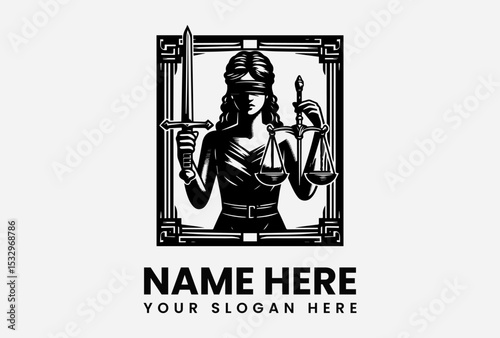 Black silhouette vector logo of Lady Justice holding scales and wearing blindfold for law and justice concept  