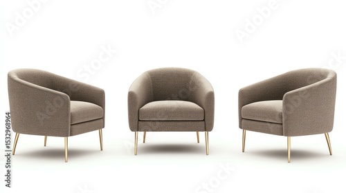 Three minimalist armchairs in a modern design, showcasing a neutral fabric and wooden legs, perfect for contemporary living spaces and cozy interiors, adding elegance to any room.