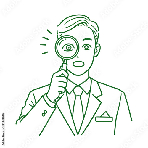 A man in a suit holds a magnifying glass up to his eye