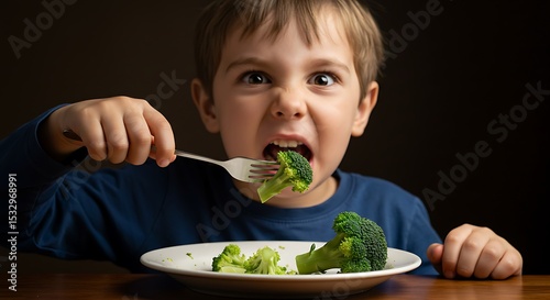 Child's Reluctant Broccoli Experience A Photo of a Young Boy's Reaction to Eating Healthy Vegetables