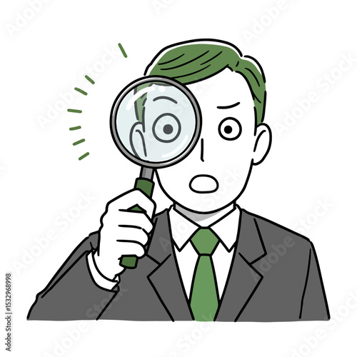 A man in a suit with green hair holding a magnifying glass over one eye with a shocked expression