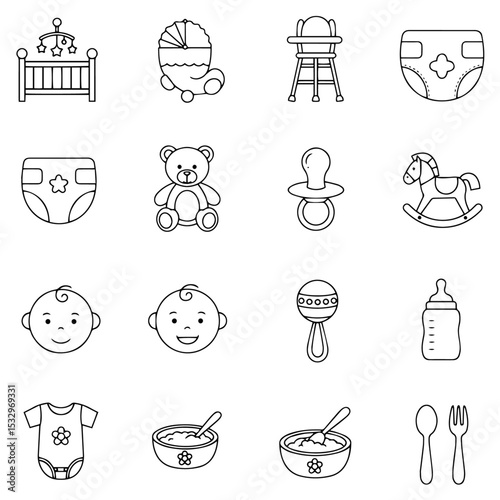 Line art of baby items crib stroller high chair diaper teddy bear pacifier rocking horse baby faces rattle bottle bib food utensils