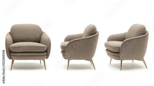 Stylish and modern armchair in soft beige fabric, showcasing a comfortable design with rounded edges and wooden legs