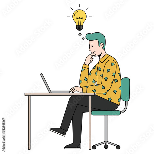 Man at desk with laptop considering a lightbulb wears yellow floral shirt