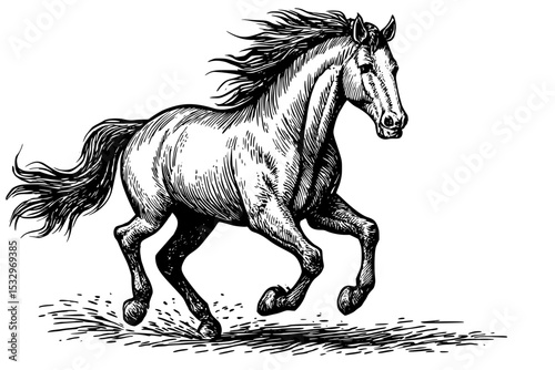 Prancing horse engraving in black and white vintage outline drawing style