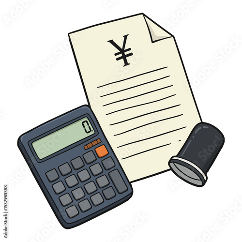 A calculator yen document and cup form a still life