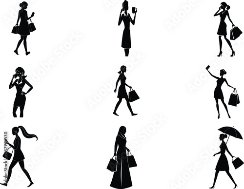 Set of Stylish Female Pose Icons – Fashion Woman Silhouette Vector Illustration