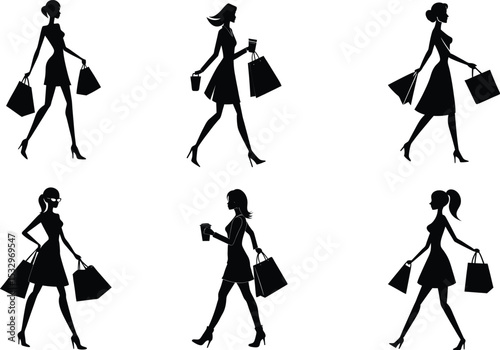 Fashion Shopping Girl Silhouette Set – Stylish Women with Bags Vector Collection