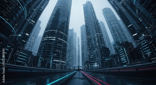 Futuristic Tall Skyscraper Buildings with Neon Lights in Modern Urban Cityscape