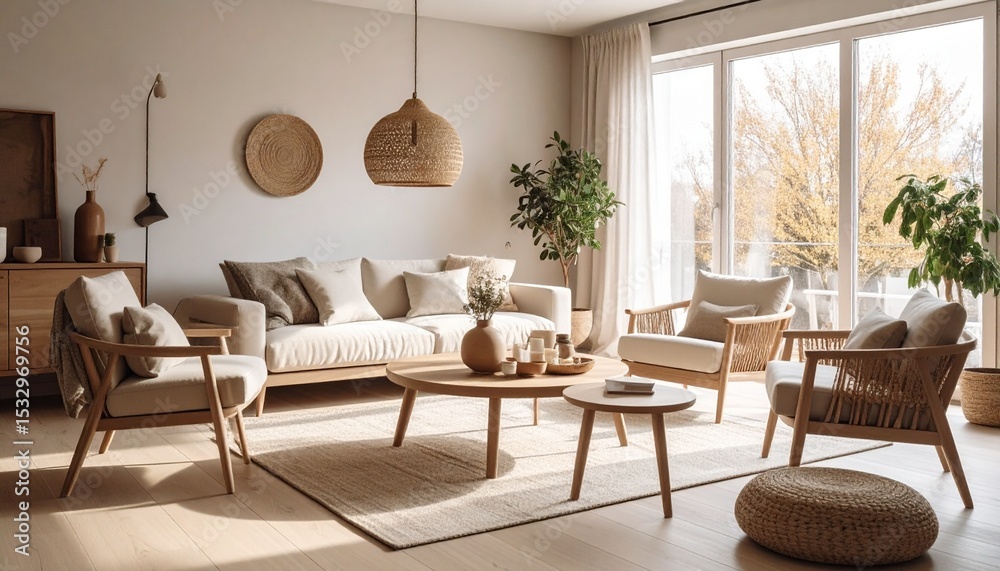 Fototapeta premium Serene Minimalist Living Room Interior Design with Natural Light and Wooden Furniture.