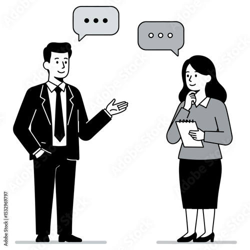 Two individuals a man in a suit and a woman with a notepad are engaged in conversation with speech bubbles above them