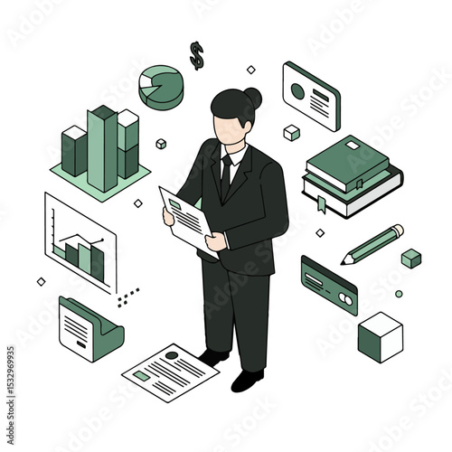 Isometric illustration of a businesswoman surrounded by financial charts and documents