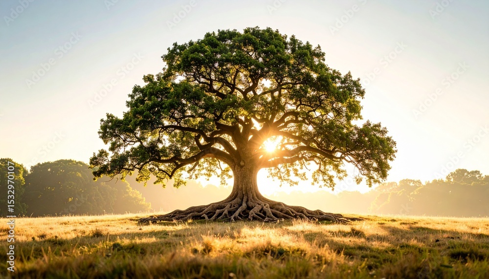 Obraz premium Majestic Oak Tree at Sunrise Symbol of Strength and Growth.