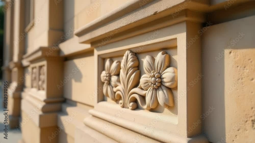 Close-up shot of a decorative design on a building exterior, suitable for use in architectural or design-themed projects.