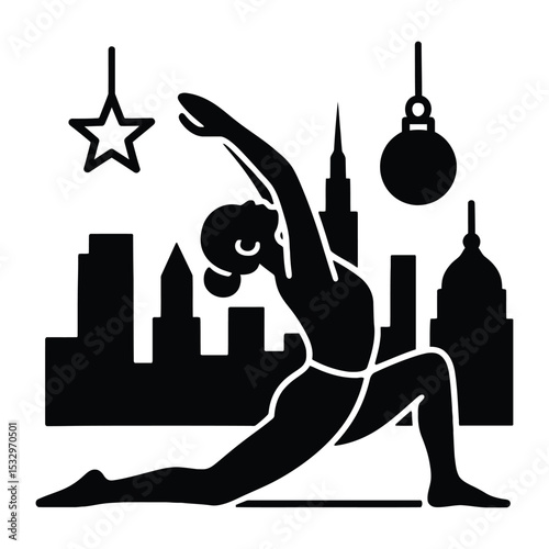 A continuous yoga pose drawing featuring a urban skyline silhouette in a holiday silhouette collection style, created in