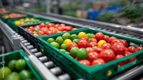 Detailed view of tomatoes, limes, and oranges rolling on a conveyor belt, crates marked with organic certification labels, symbolizing sustainable agricultural packaging for market