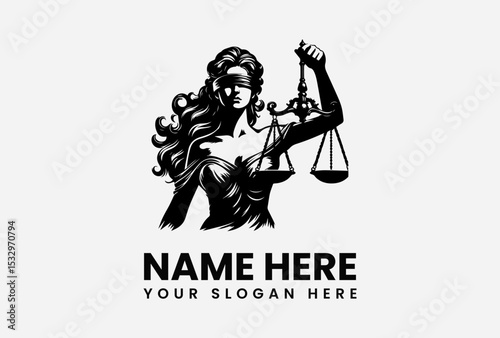 Dramatic Lady Justice silhouette logo with balanced scales and blindfold representing fairness and legal authority  
