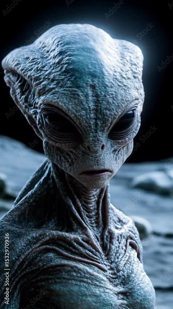 Realistic Alien Humanoid with Textured Skin and Large Black Eyes on Moon Surface Under Mysterious Cosmic Light