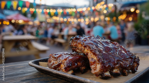 Close-up of grilled smoked ribs with glistening BBQ sauce resting on a rustic tray, festival-goers seated at picnic tables with drinks, festive flags fluttering above and a live mu