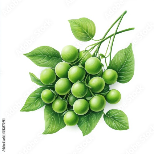 Fresh Green Fruit Cluster with Leaves Isolated on White Background