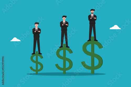 Businessmen standing on dollar signs income level concept