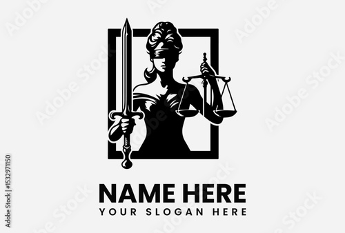 Dramatic Lady Justice silhouette logo with balanced scales and blindfold representing fairness and legal authority  