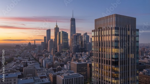 City skyline during sunset with skyscrapers and buildings visible  