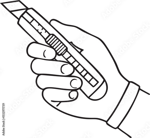 Hand Holding a Box Cutter or Utility Knife A Black and White Line Art Illustration simple